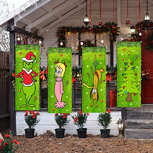 4PCS Grinch Christmas Decorations Grinch Stretching Portraits Outdoor Vinyl Christmas Porch Banner, Grinch Christmas Backdrop Poster for New Year Indoor Outside Front Garage Door