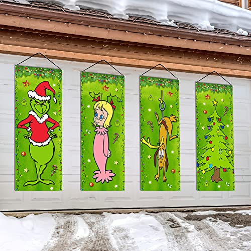 4PCS Grinch Christmas Decorations Grinch Stretching Portraits Outdoor Vinyl Christmas Porch Banner, Grinch Christmas Backdrop Poster for New Year Indoor Outside Front Garage Door