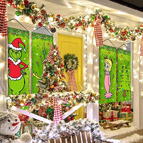 4PCS Grinch Christmas Decorations Grinch Stretching Portraits Outdoor Vinyl Christmas Porch Banner, Grinch Christmas Backdrop Poster for New Year Indoor Outside Front Garage Door