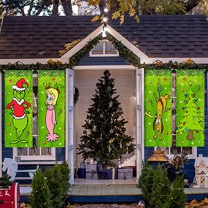 4PCS Grinch Christmas Decorations Grinch Stretching Portraits Outdoor Vinyl Christmas Porch Banner, Grinch Christmas Backdrop Poster for New Year Indoor Outside Front Garage Door