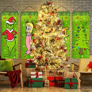 4PCS Grinch Christmas Decorations Grinch Stretching Portraits Outdoor Vinyl Christmas Porch Banner, Grinch Christmas Backdrop Poster for New Year Indoor Outside Front Garage Door