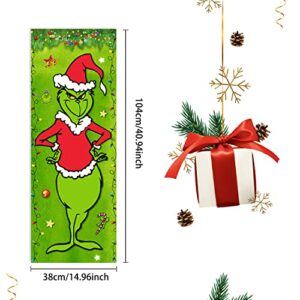 4PCS Grinch Christmas Decorations Grinch Stretching Portraits Outdoor Vinyl Christmas Porch Banner, Grinch Christmas Backdrop Poster for New Year Indoor Outside Front Garage Door