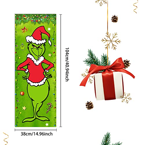 4PCS Grinch Christmas Decorations Grinch Stretching Portraits Outdoor Vinyl Christmas Porch Banner, Grinch Christmas Backdrop Poster for New Year Indoor Outside Front Garage Door