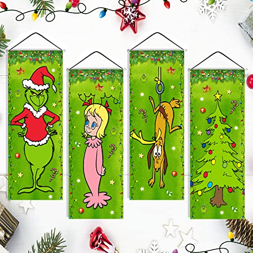 4PCS Grinch Christmas Decorations Grinch Stretching Portraits Outdoor Vinyl Christmas Porch Banner, Grinch Christmas Backdrop Poster for New Year Indoor Outside Front Garage Door