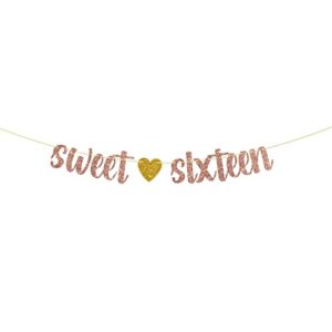maicaiffe rose gold glitter sweet sixteen banner – happy 16th birthday banner – 16th birthday party decorations for girls – sixteen years old decorations
