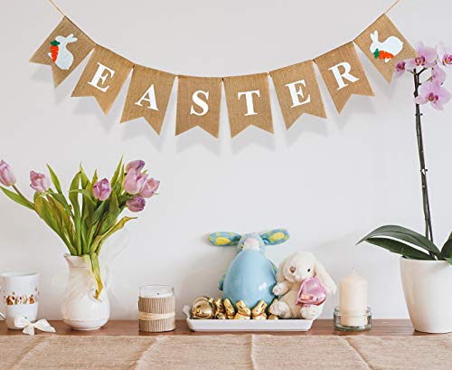 Easter Banner, Burlap Happy Easter Egg Garland, Mantle Decorations for Fireplace, Easter Bunny Hanging Bunting Garland for Easter Decorations Home Party Decor Favors Photo Props - White