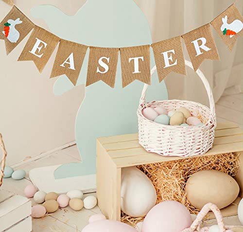 Easter Banner, Burlap Happy Easter Egg Garland, Mantle Decorations for Fireplace, Easter Bunny Hanging Bunting Garland for Easter Decorations Home Party Decor Favors Photo Props - White