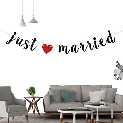 Black Just Married Banner - Wedding Hanging Banner - Vintage Rustic Wedding/Bridal Shower/Engagement Party Decorations