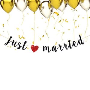 Black Just Married Banner - Wedding Hanging Banner - Vintage Rustic Wedding/Bridal Shower/Engagement Party Decorations