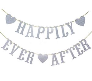 happily ever after glitter bunting banner, engagement, bridal shower, wedding party decorations(silver)