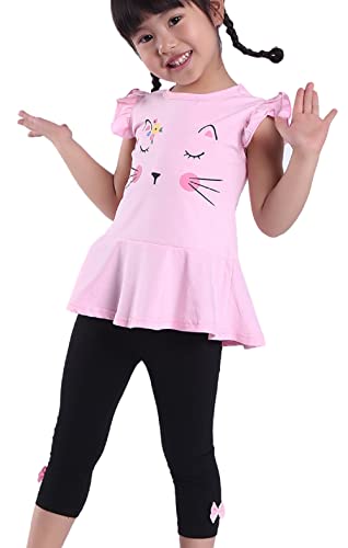 CuteMe Adorable Baby Girls Clothes Set Cute Cat Print Sleeveless Shirt Tops Cropped Pants 2 Pieces Outfits (19101,Pink,120)