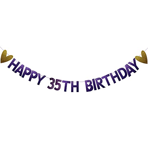 Happy 35th Birthday Banner, Pre-Strung, Purple Glitter Paper Garlands Banner for 35th Birthday Party Decorations Supplies, Letters Purple, Betteryanzi