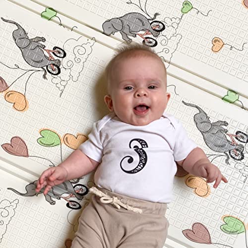 JumpOff Jo - Large Waterproof Foam Padded Play Mat for Infants, Babies, Toddlers, Play & Tummy Time, Foldable Activity Mat, 70 in. x 59 in. - Elephant & Rainbow, Pack of 1