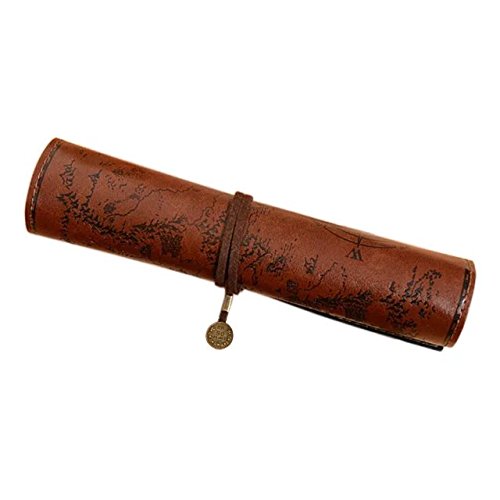 ANTIMAX Vintage Roll Up Pencil Case Creative Map Matte Smooth Cover Pencil Pouch Art Makeup Cosmetic Pouch with Pendant for Business School Gifts Smooth Dark Brown