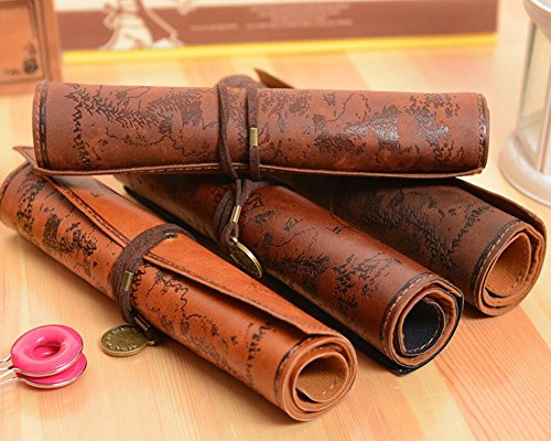 ANTIMAX Vintage Roll Up Pencil Case Creative Map Matte Smooth Cover Pencil Pouch Art Makeup Cosmetic Pouch with Pendant for Business School Gifts Smooth Dark Brown