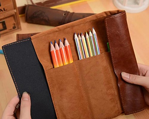 ANTIMAX Vintage Roll Up Pencil Case Creative Map Matte Smooth Cover Pencil Pouch Art Makeup Cosmetic Pouch with Pendant for Business School Gifts Smooth Dark Brown