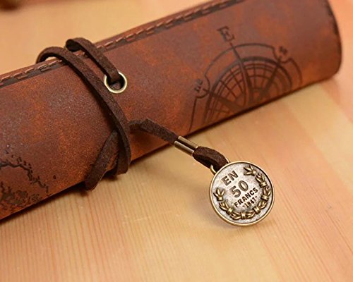 ANTIMAX Vintage Roll Up Pencil Case Creative Map Matte Smooth Cover Pencil Pouch Art Makeup Cosmetic Pouch with Pendant for Business School Gifts Smooth Dark Brown