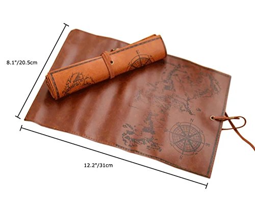 ANTIMAX Vintage Roll Up Pencil Case Creative Map Matte Smooth Cover Pencil Pouch Art Makeup Cosmetic Pouch with Pendant for Business School Gifts Smooth Dark Brown