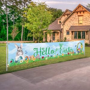 hello easter banner decorations outdoor happy holiday large yard sign party supplies 120″ x 20″ welcome backdrop cute eggs bunny rabbit basket flowers spring home decor vivid colors fabric polyester with brass grommets for outside indoor garden fence gara
