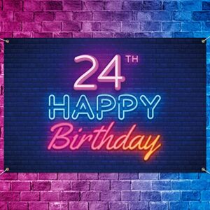 glow neon happy 24th birthday backdrop banner decor black – colorful glowing 24 years old birthday party theme decorations for men women supplies
