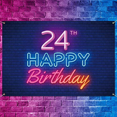 Glow Neon Happy 24th Birthday Backdrop Banner Decor Black – Colorful Glowing 24 Years Old Birthday Party Theme Decorations for Men Women Supplies