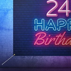 Glow Neon Happy 24th Birthday Backdrop Banner Decor Black – Colorful Glowing 24 Years Old Birthday Party Theme Decorations for Men Women Supplies