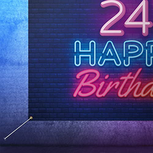 Glow Neon Happy 24th Birthday Backdrop Banner Decor Black – Colorful Glowing 24 Years Old Birthday Party Theme Decorations for Men Women Supplies