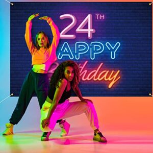 Glow Neon Happy 24th Birthday Backdrop Banner Decor Black – Colorful Glowing 24 Years Old Birthday Party Theme Decorations for Men Women Supplies