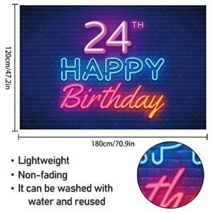 Glow Neon Happy 24th Birthday Backdrop Banner Decor Black – Colorful Glowing 24 Years Old Birthday Party Theme Decorations for Men Women Supplies