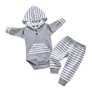 velopvice infant baby boys clothes long sleeve striped hoodie pants outfit set (0-3 months, grey)