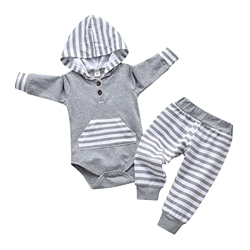 Velopvice Infant Baby Boys Clothes Long Sleeve Striped Hoodie Pants Outfit Set (0-3 Months, Grey)