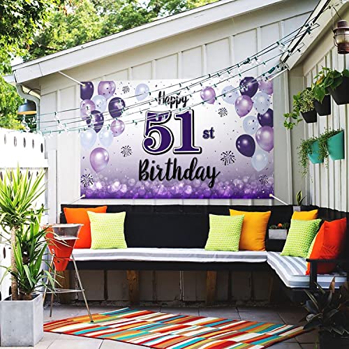 LASKYER Happy 51st Birthday Purple Large Banner - Cheers to 51 Years Old Birthday Home Wall Photoprop Backdrop,51st Birthday Party Decorations.