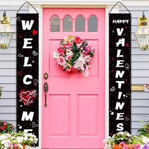 whaline valentines porch sign, welcome and happy valentines day hanging banners for holiday home indoor outdoor porch wall valentine’s day decoration (black)