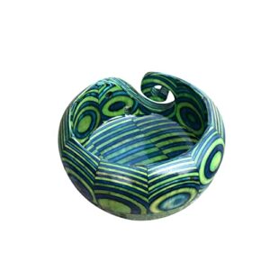 rainbow wood yarn bowl (6x3inch) for crocheting and knitting with project bag | handmade mango wood craft organizer/holder with holes | yarn/wool/string storage accessory| (blue/green)