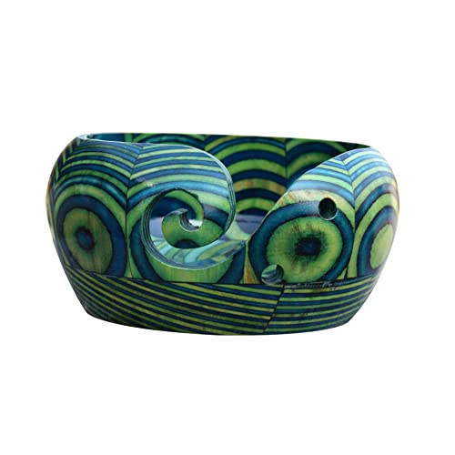 Rainbow Wood Yarn Bowl (6x3inch) for Crocheting and Knitting with Project Bag | Handmade Mango Wood Craft Organizer/Holder with Holes | Yarn/Wool/String Storage Accessory| (Blue/Green)