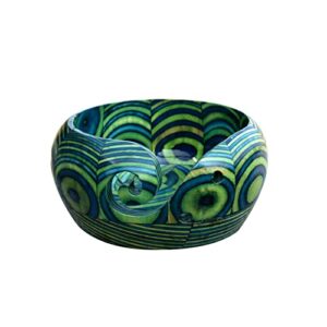 Rainbow Wood Yarn Bowl (6x3inch) for Crocheting and Knitting with Project Bag | Handmade Mango Wood Craft Organizer/Holder with Holes | Yarn/Wool/String Storage Accessory| (Blue/Green)