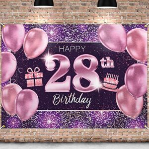 pakboom happy 28th birthday banner backdrop – 28 birthday party decorations supplies for women – pink purple gold 4 x 6ft