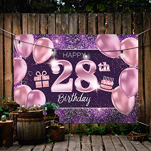 PAKBOOM Happy 28th Birthday Banner Backdrop - 28 Birthday Party Decorations Supplies for Women - Pink Purple Gold 4 x 6ft