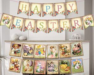 25 pcs vintage easter decorations happy easter banner garland decoration retro easter egg bunny bunting garland for wall door fireplace mantle decor supplies rustic easter hanging bunting party favors