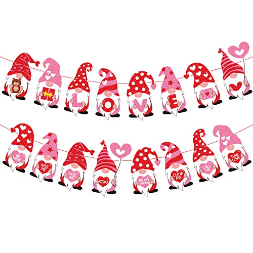 PTFNY 2 Pieces Valentines Gnomes Garland Banner Valentine's Day Gnomes Decorations Banners for Valentines Day Indoor Outdoor Bridal Shower Anniversary Wedding Party Decorations