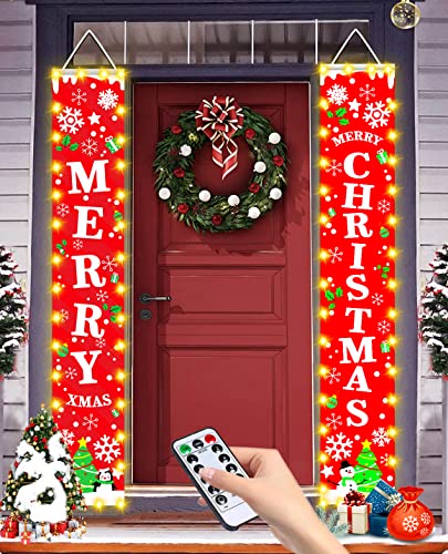 Outdoor Christmas Decorations Door Banner with Lights, Remote Control Merry Christmas Banner with LED Lights,Pre-assembled Christmas Front Door Banner & Christmas Wall Decor, Christmas Door Front Porch Decor Decorations Outside