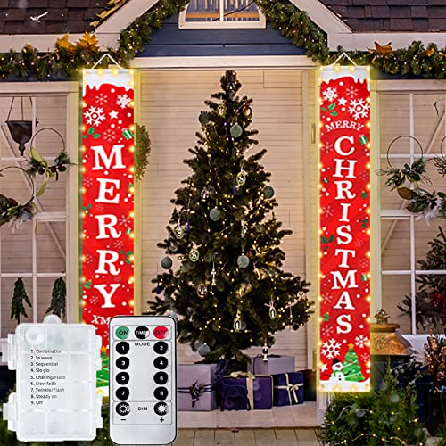 Outdoor Christmas Decorations Door Banner with Lights, Remote Control Merry Christmas Banner with LED Lights,Pre-assembled Christmas Front Door Banner & Christmas Wall Decor, Christmas Door Front Porch Decor Decorations Outside