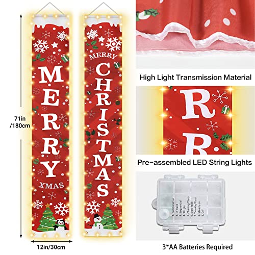 Outdoor Christmas Decorations Door Banner with Lights, Remote Control Merry Christmas Banner with LED Lights,Pre-assembled Christmas Front Door Banner & Christmas Wall Decor, Christmas Door Front Porch Decor Decorations Outside