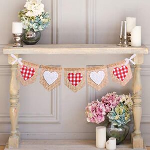 adurself heart burlap banner valentine garland wedding engagement party vintage rustic burlap buffalo plaid red white check lace banner for valentine’s day birthday bridal shower anniversary