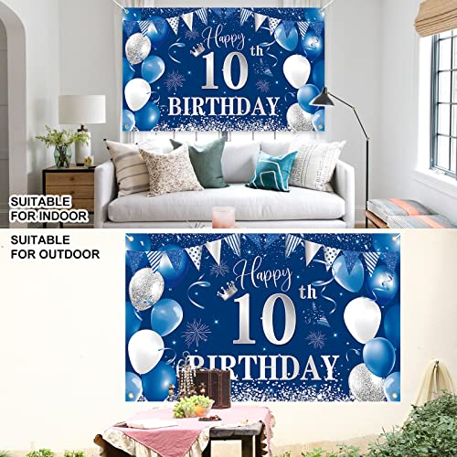 10th Birthday Banner Backdrop,BTZO Happy 10th Birthday Decorations,Blue Silver Fabric Photo Backdrop Background for Boys and Girls 10th Birthday Party,70.8 x 43.3Inch