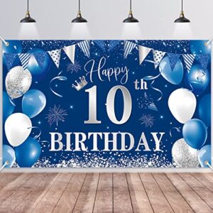 10th birthday banner backdrop,btzo happy 10th birthday decorations,blue silver fabric photo backdrop background for boys and girls 10th birthday party,70.8 x 43.3inch
