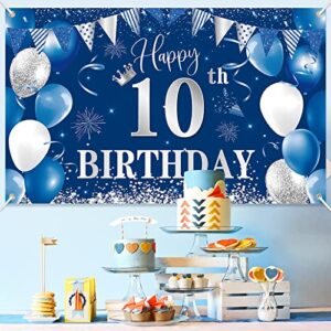 10th Birthday Banner Backdrop,BTZO Happy 10th Birthday Decorations,Blue Silver Fabric Photo Backdrop Background for Boys and Girls 10th Birthday Party,70.8 x 43.3Inch