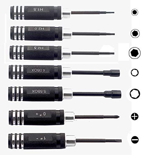 7PCS Vgoohobby Hex Screw Driver Screwdriver Repair Tool Kit Set Hex Nut Key Socket for RC Helicopter Airplane Robotics Car,H1.5 2.0 2.5mm Hex,4.0 5.5mm Spanner Box,0#+,1#- Slot Screwdrivers