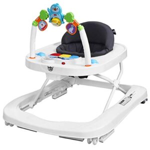 baby joy baby walker, 2 in 1 foldable activity behind walker with adjustable height & speed, friction control functions, safety belt, high back padded seat, music, detachable penguin play bar (gray)