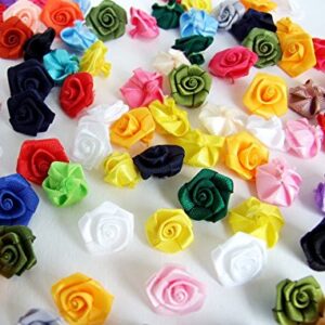 100 Assorted Tiny Satin Ribbon Rose Bows Diameter 10 mm. Tiny Embellishment Craft Artificial Applique Wedding